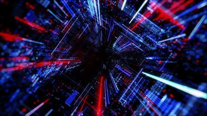 Poster - Abstract digital abstract virtual city. Scanning city for hackers attack concept. Software developer, programming, binary computer code with technology and connection concept. 3D render 4K loop