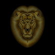 Engraving of stylized golden lion on black background. Linear drawing.