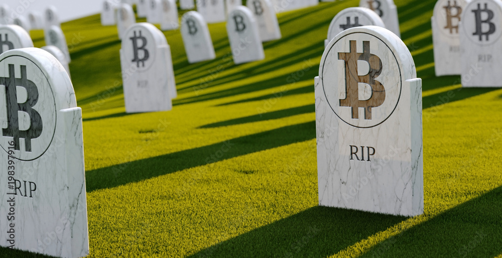cemetery with bit coin graves. 3d illustration. Concept of bit coin collapse. Rip