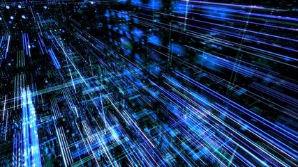Poster - Abstract digital abstract virtual city. Scanning city for hackers attack concept. Software developer, programming, binary computer code with technology and connection concept. 3D render 4K loop