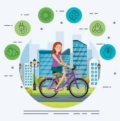 Wall Mural - woman in bicycle with eco friendly icons