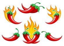 Chili Pepper On Fire. Closeup Burned Cayenne Pepper For Spicy Food Ingredients Or Capsicum Salsa Cooking, Vector Illustration