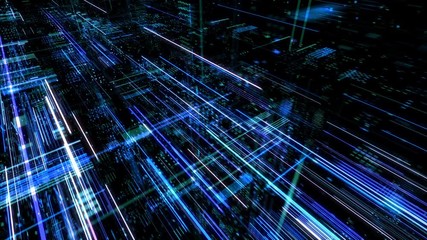 Poster - Abstract digital abstract virtual city. Scanning city for hackers attack concept. Software developer, programming, binary computer code with technology and connection concept. 3D render 4K loop