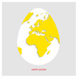 White Easter egg with yellow world map. Planet Earth in form of egg on light gray background with greeting text in red color. Vector illustration