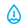Low water supply level icon. Blue water drop shortage symbol isolated on white background. Vector illustration.