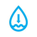 Fototapeta Sypialnia - Low water supply level icon. Blue water drop shortage symbol isolated on white background. Vector illustration.