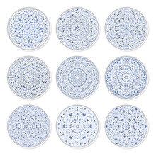 Set Of Decorative Plates With A Circular Arabic Blue Pattern, Top View. White Background. Vector Illustration.