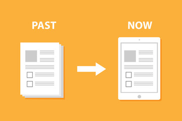 Evolution of devices from paper to smart gadget, innovation digital concept document pass to tablet screen display, future technology device, icon, symbol, object, paperless, flat style cartoon vector