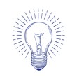 Glowing incandescent light bulb hand drawn with blue contour lines on white background. Monochrome drawing of electric lamp. Symbol of inspiring idea, discovery or solution. Vector illustration.
