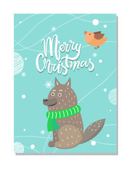 Sticker - Merry Christmas Greeting Card with Wolf and Bird