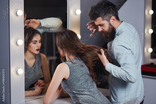 Beauty Hairstyle And People Concept Young Woman And Hairdresser