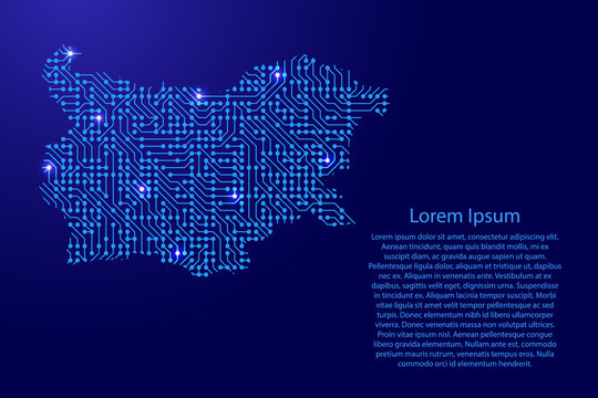 Map Bulgaria from printed board, chip and radio component with blue star space on the contour for banner, poster, greeting card, of vector illustration.