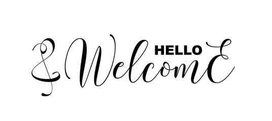 Wall Mural - Hello and Welcome handwritten calligraphic letters isolated on white, vector illustration. Template for shops, presentations, invitations, opening ceremonies. Stylish lettering graphic design elements
