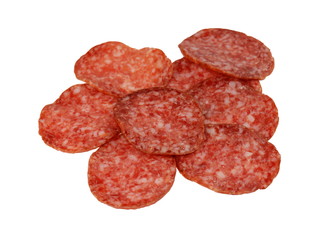 Wall Mural - Salami sausage slices isolated on white background