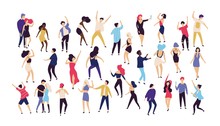 Crowd Of Young Men And Women Dressed In Trendy Clothes Dancing At Club Or Music Concert. Large Group Of Male And Female Cartoon Characters Having Fun At Party. Flat Colorful Vector Illustration.
