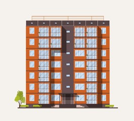 Fototapete - Exterior or facade of tall city apartment building built with concrete prefabricated panels or blocks in modern architectural style isolated on white background. Flat colorful vector illustration.