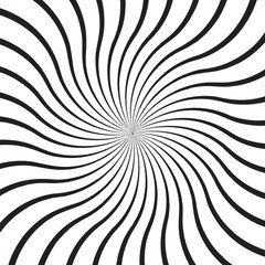 Sticker - Abstract background with monochrome radial rays, lines or stripes curving around center. Backdrop with rotating illusion or dizzy effect. Modern vector illustration in black and white colors.