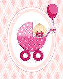 Fototapeta  - Newborn baby, girl, greeting card, pink rhombus, vector. A little girl in a pink stroller. A pink balloon is tied to the stroller. Color, flat card. Congratulation. Pink diamonds on a pink field. 