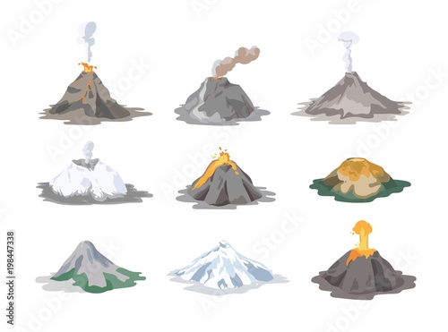 Fotografía Collection of inactive and active volcanoes erupting and emitting smoke, ash clouds and lava isolated on white background