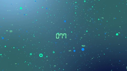 Poster - Flying in space figures, symbols of the market, numbers, signs of growth, financial activity. Multicolored background. Place for text. Business market future background. Seamless loop.