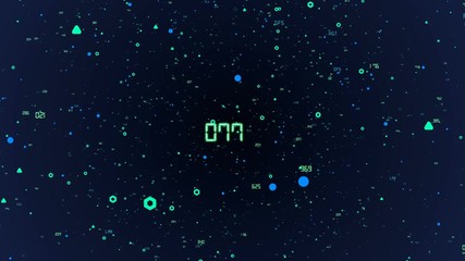 Poster - Flying in space figures, symbols of the market, numbers, signs of growth, financial activity. Dark blue background. Place for text. Business market future background. Seamless loop.