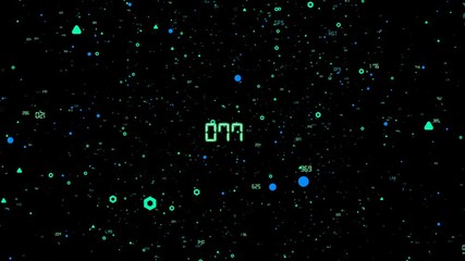 Poster - Flying in space figures, symbols of the market, numbers, signs of growth, financial activity. Black background . Place for text. Business market future background. Seamless loop.