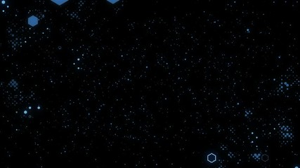 Poster - Pattern of moving and pulsating in space hexahedrons. Presentation, business meeting, technical background. Bright flashes, flashing figures, the process of connectivity. Black background . Place for