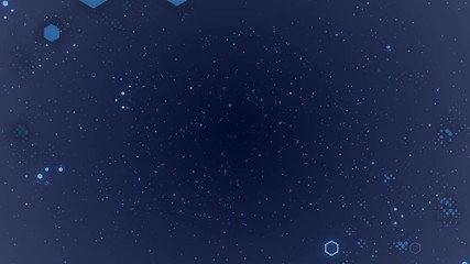 Poster - Pattern of moving and pulsating in space hexahedrons. Presentation, business meeting, technical background. Bright flashes, flashing figures, the process of connectivity. Dark blue background. Place