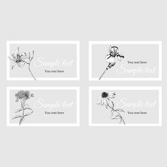 Business card with  sketch summer flowers and text on a gray background in a white frame.