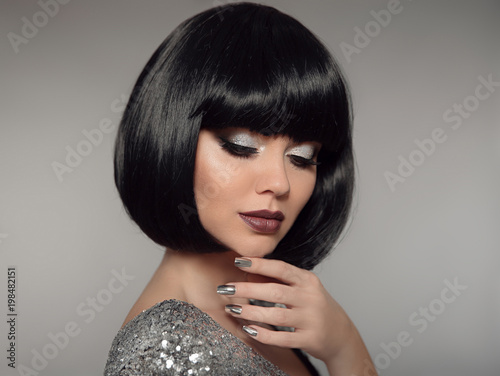 Beauty Makeup Silver Manicured Polish Nails Bob Hairstyle
