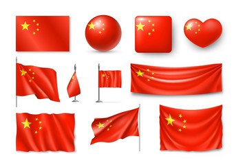 Set China flags, banners, banners, symbols, flat icon. Vector illustration of collection of national symbols on various objects and state signs