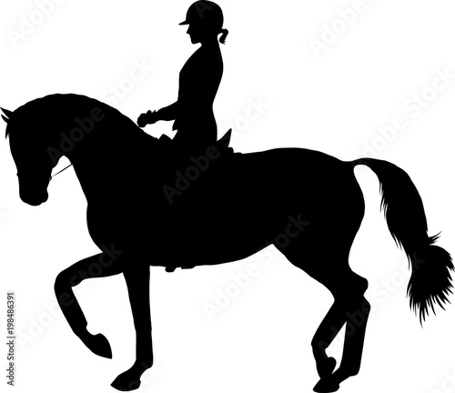 Fotografía A silhouette of a rider on a horse execute the piaffe.