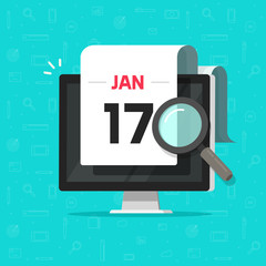 Poster - computer with calendar date and magnifier glass searching flat cartoon vector illustration, concept 