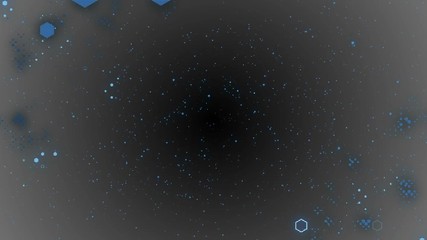Poster - Pattern of moving and pulsating in space hexahedrons. Presentation, business meeting, technical background. Bright flashes, flashing figures, the process of connectivity. Black and gray background
