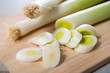 leeks cut into slices on wooden plank