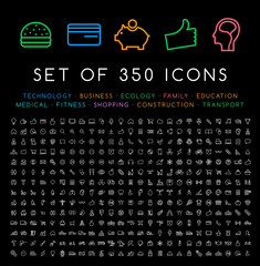Poster - Set of 350 Modern Thin Stroke Colored Icons  ( Multimedia Business Ecology Education Family Medical Fitness Shopping Construction Travel Hotel )