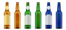 Vector Realistic Blank Green, Yellow And Blue Glass Beer Bottle Design Set.