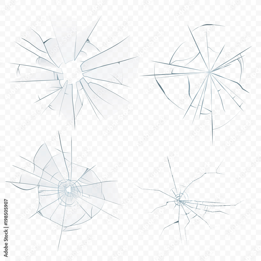 Vector Cracked crushed realistic glass set on the transperant alpha background. Bullet glass hole. - obrazy, fototapety, plakaty 
