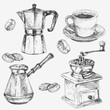 Hand drawn coffee collection. Cup, coffee maker, coffee grain, coffee grinder