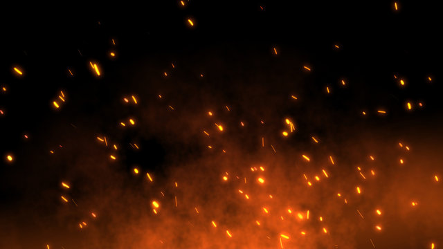 Wall Mural - Burning red hot sparks fly away from large fire in the night sky. Beautiful abstract background on the theme of fire, light and life. Fiery orange glowing flying particles over black background in 4k