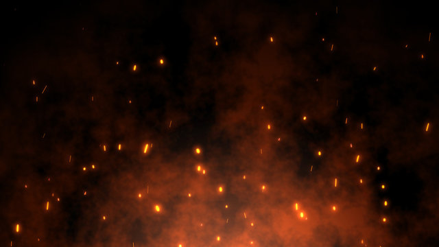 Wall Mural - Burning red hot sparks rise from large fire in the night sky. Beautiful abstract background on the theme of fire, light and life. Fiery orange glowing flying particles over black background in 4k