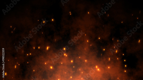 Cuadros en Lienzo Burning red hot sparks rise from large fire in the night sky