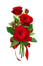 Romantic Arrangement With Red Roses Flowers And Satin Ribbon Bow