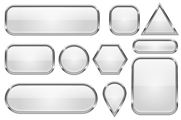 White glass buttons with chrome frame. Set of shiny 3d web icons