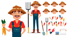 Farmer Cartoon Character Creation Set, Pack Of Body Parts And Emotions