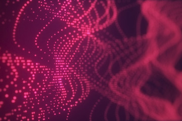 Poster - Abstract red cg wave texture with glowing defocused particles. Cyber or technology digital landscape background. 3d rendering