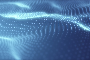 Fototapete - Abstract blue cg wave texture with glowing defocused particles. Cyber or technology digital landscape background. 3d rendering