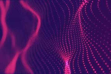 Fototapete - Abstract violet cg wave texture with glowing defocused particles. Cyber or technology digital landscape background. 3d rendering