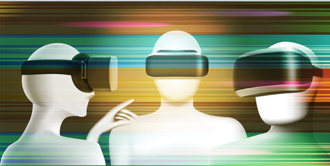 abstract vr concept with three men in virtual reality headsets. vector illustration. virtual reality