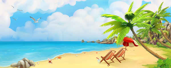 Sea panorama. Bay, tropical beach. Vector background